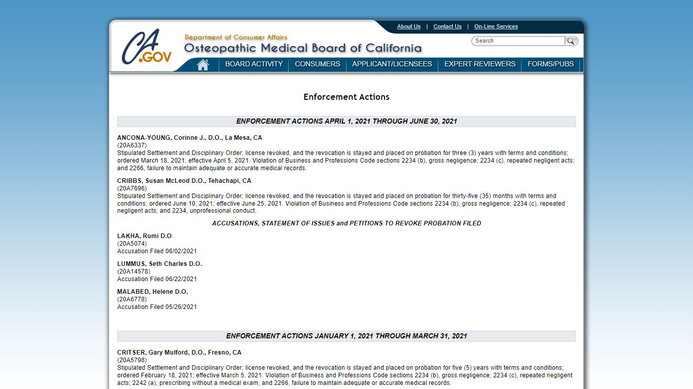 Enforcement Actions - Osteopathic Medical Board of California
